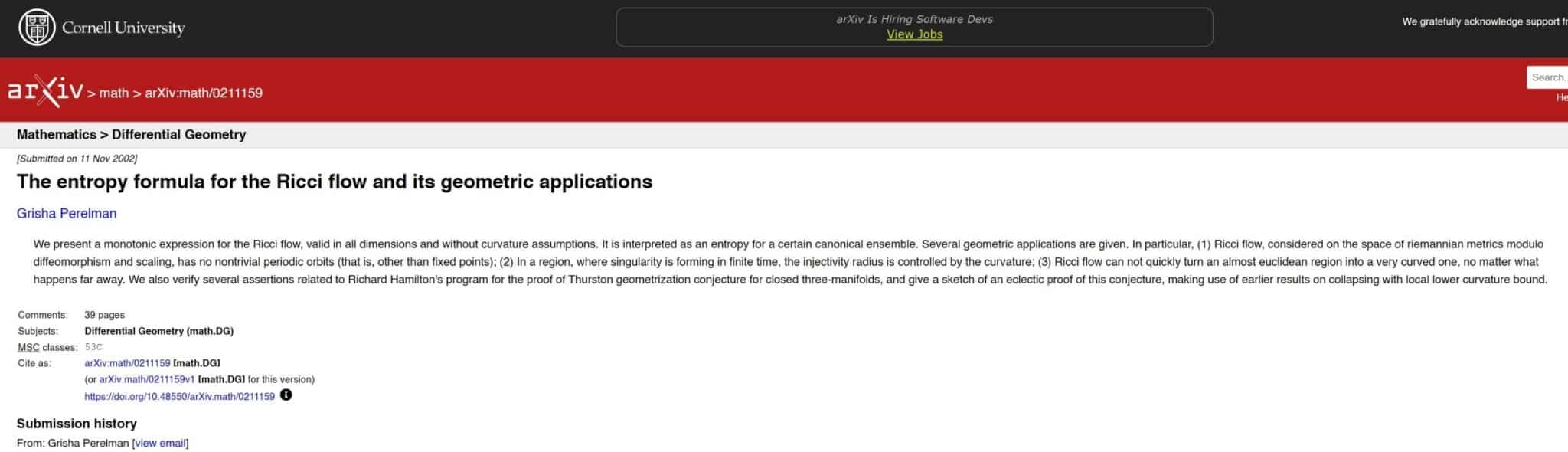 Primer preprint de Perelman en arXiv.org