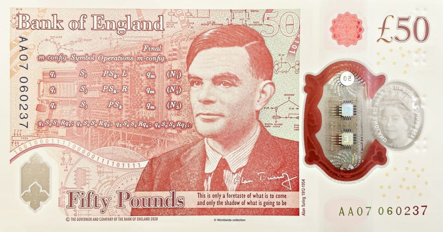Billete de 50 libras con el rostro de Alan Turing, emitido por el Banco de Inglaterra en 2021