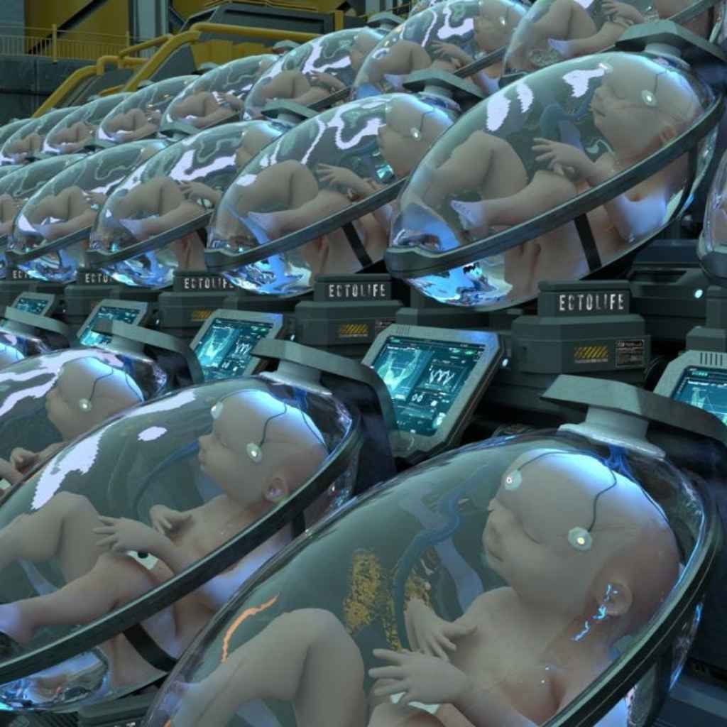 Laboratorio de producción artificial de embriones, evocando el Proceso Bokanovsky descrito por Huxley en Un mundo feliz
